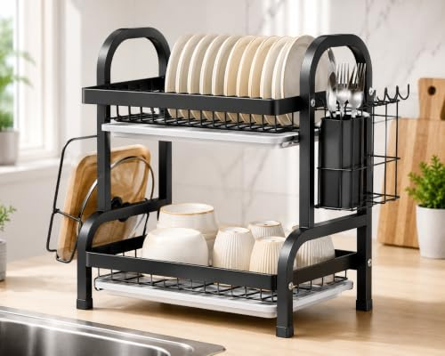 MJ HOME Two Tier Dish Drainer, Kitchen Drying Rack for Plates, Cups, and Utensils