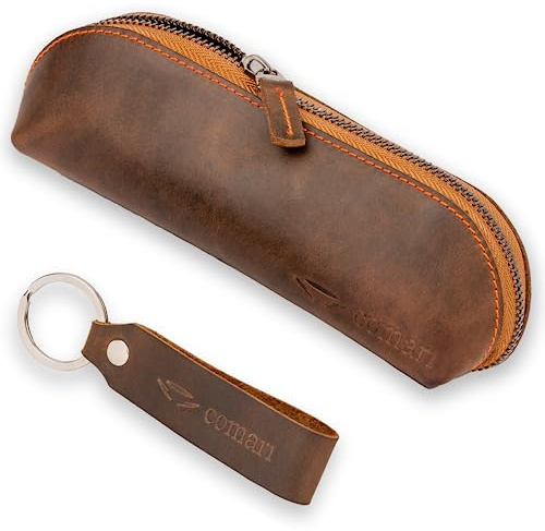 comari Premium Stifte-Etui - Federmäppchen aus Leder - Reißverschluss aus Metall - kostenfreier Schlüsselanhänger - Federmappe aus Handarbeit (Vintage Braun)