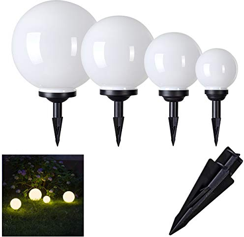 Solarleuchten Campinas, Kugellampen 4er Set, Kugelleuchten aus weißem Kunststoff, Ø 15, 20, 25 und 30 cm mit Erdspiess, Außenleuchten mit Ein/Aus-Schalter, Solarlampen 3000 Kelvin (warmweiß)
