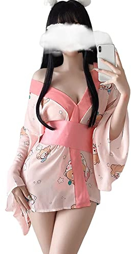 SINROYEE Vestido japonés para mujer, kimono sexy, uniforme de cosplay, lencería de anime (rosa)