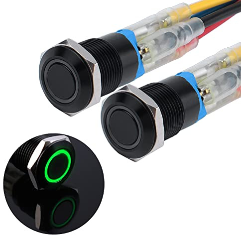 JIQI 2 × 12 mm Interruttore a pulsante a scatto da 12V a 24V 2A Interruttore a pulsante in metallo nero a scatto impermeabile Interruttore ON/OFF a scatto illuminato a LED con IP66 1NO (verde)