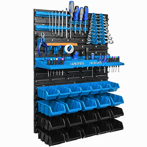 Étagère murale de rangement 58 x 78 cm - Support à outils - 22 boîtes empilables - Boîtes de rangement - Panneaux muraux extra solides - Étagères extensibles - Étagère de rangement pour atelier Stec