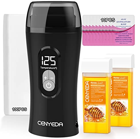Digitales Roll on Wax Kit, Waxing Set Wax Roller für Warmwachs Haarentfernung, Konstante Temperatur wax maschine mit 2 Honig Roll-on Enthaarungswachs, 10-Wachs-Entfernungsöl und 100 Wachsstreifen