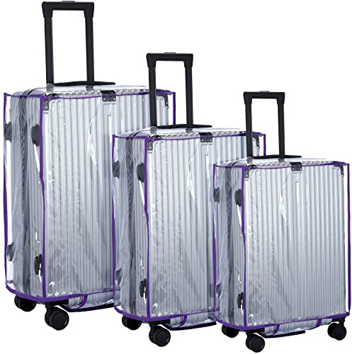 Jexine 3 Pcs PVC Luggage Cover Waterproof Transparent Suitcase Cover Thicken Luggage Protector for Travel, Fits 20 24'' 28 Case(Purple)