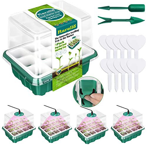 Rarello 5 Packs Seed Starter Tray with Grow Light, Reusable Pop-Out Seed Starter Kit, 60 Cells With Humidity Domes, Indoor Gardening Plant Germination Trays for Seeds