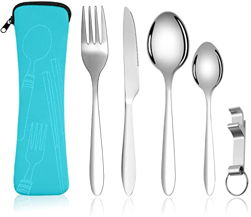 Vicloon Cubiertos para Llevar, 6PCS Cubiertos Camping de Acero Inoxidable, Juego de Trabajo Cubiertos para Exteriores Viajes Camping,Juego de Cubiertos de Acero Inoxidable (Cielo Azul)