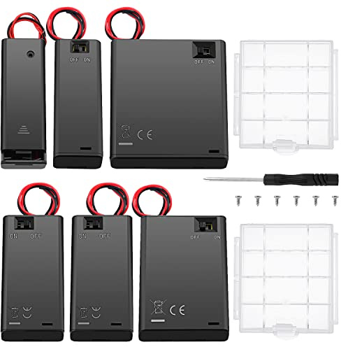 6 PCS AA Battery Holder Sets, KUOQIY 1/2/3/4 x 1.5V AA Battery Holder Case with ON/Off Switch & Wire Leads & Cover, with 2 PCS Plastic Battery Storage Box & Screwdriver & Screws