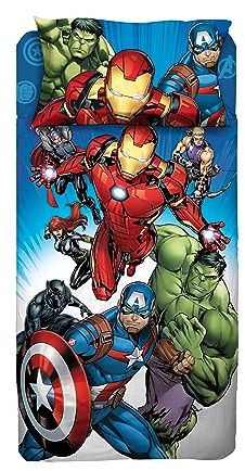 Avengers, Lenzuolo Letto Singolo, Completo Letto Singolo, Lenzuolo Sopra, Lenzuolo Con Angoli, Federa, Blu, Marvel, 100% Cotone, Prodotto Ufficiale