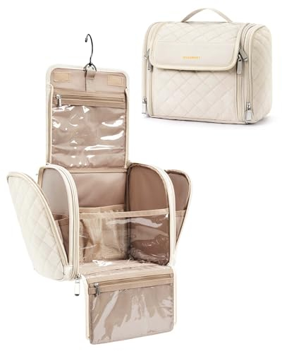 BAGSMART Make-Up Organiser, Groß Kulturbeutel Damen Gross Kulturtasche Zum Aufhängen, Kosmetiktasche kulturbeutel Waschtasche für Frauen & Mädchen, Beige