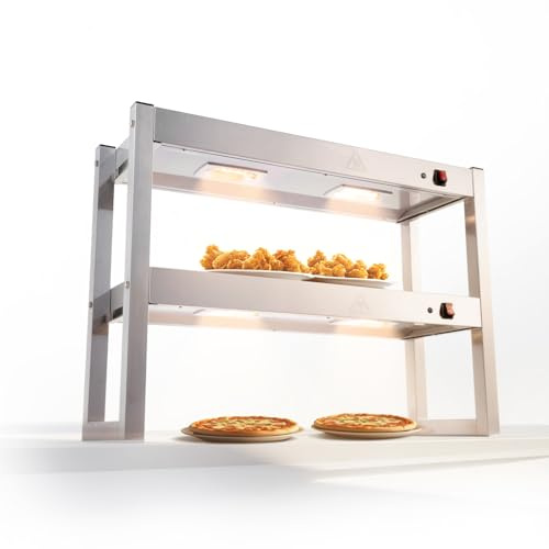 Commercial Food Warmer Gantry Light, Buffet Food Rack with Heating Lamp Stainless Steel Double Layers Shelf for Fried Chicken French Fry Warming Station with Independent Switch, 4x300W Bulbs