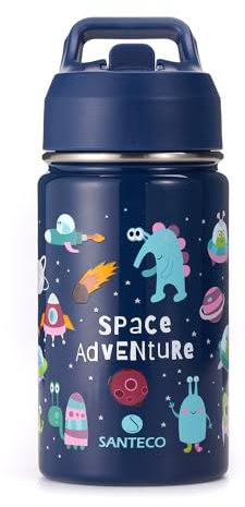 SANTECO Borraccia Bambini Acciaio Inox, Senza BPA, 380ml Borraccia Termica a Prova di Perdite con Cannuccia per Scuole, Facile da Pulire