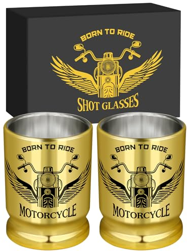 Motorcycle Plastic Shot Glasses Bulk Set of 2 with Gift Box for Men Women Motorbike Lovers Rider Biker Party Birthday Gifts, 50 Caliber Bullet Shot Cups for Whiskey Tequila Vodka Liquor, Golden