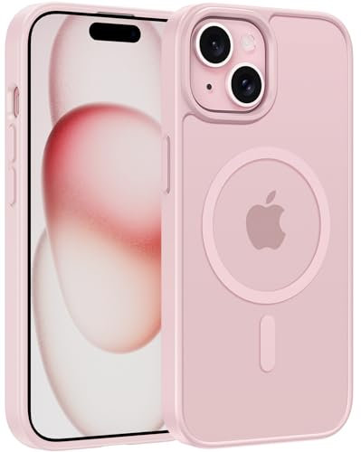 FNTCASE for iPhone 15 Phone Case: iPhone 14 Case Magnetic Translucent Matte Shockproof Slim Cell Phone Cover - Military Grade Drop Proof Hard Back Anti-Fingerprint Protective Case (6.1 inch/Pink)