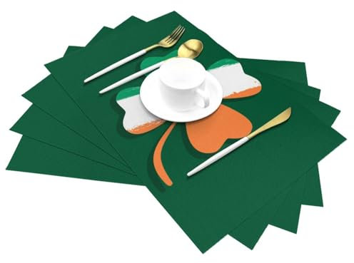 Irish Flags and Four Leaf Clovers St Patricks Day PVC Woven Placemats, Anti-Stain and Oil-Proof Heat-Resistant Dinner Plate Mats, Kitchen Table Gathering Holiday Party Decorations.