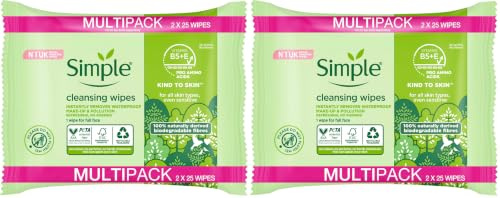Simple Kind to Skin Biodegradable UK's No. 1 facial skin care brand* Cleansing Wipes for sensitive skin 3 x 50 PC (Pack of 2)