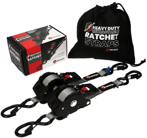TENSYS Auto-Retract Ratchet Tie Down Straps (2-Pack) – 600kg Max Break Strength, Includes (2) 2.5cm x 3m Straps with Ergonomic Padded Handles
