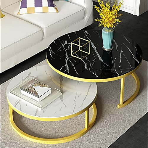 KROVEDY Satztisch-Couchtisch, 2er-Set, moderner Beistelltisch, runde, stapelbare Couchtische aus gehärtetem Glas mit Marmorstruktur, Sofatisch für das Wohnzimmer, Metall, für das Wohnzimmer, den Bal