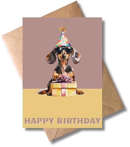 Lustige Geburtstagskarte mit Dackel-Motiv mit Umschlag - Geburtstagskarte “Happy Birthday” Dackel mit Sonnenbrille Glückwunschkarte Herzliche Geschenkkarte zum Geburtstag Hundeliebhaber (DIN A6)