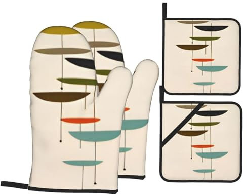 Set di 4 guanti da forno e presine, stampe moderne di metà secolo, guanti da forno a microonde isolati e guanti da cucina, set di guanti da forno antiscivolo con cuscinetti caldi, per cucinare,