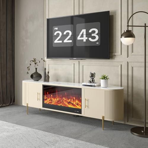 TV-Ständer mit elektrischem Kamin mit Platte aus gesintertem Stein 200 cm in der Farbe Beige