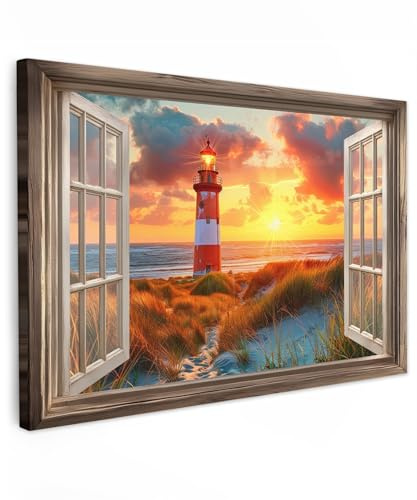 MuchoWow© Wandbilder Groß XXL Wohnzimmer Wanddeko Schlafzimmer Zimmerdeko | 120x80 cm - Wandgemälde Zimmer Deko auf Wand Dekoration Wall Art Fensterblick - Leuchtturm - Sonnenuntergang - Strand