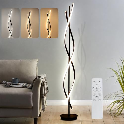 robwibw Lampada da Terra Soggiorno LED Dimmerabile, 52W Moderna Piantana Lampada da Terra Salotto con Telecomando Spirale Design Lampada Piantana per Camera da Letto (Nero)