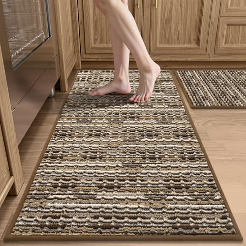 Kitchen Rugs Sets of 2-Non Slip Kitchen Mats for Floor-Thick Stain Resistant Vintage Kitchen Floor Mat Runner Carpet for Hallways Entryway Laundry Room Washable（Brown 20x47+20x32）