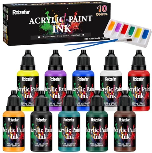 Roizefar Akryl färgbläckset, ritfärger med 2 borstar 1 palett, permanent akryl konstnärsbläck för nybörjare, perfekt för gjutning, blandade medieprojekt, 10 x 20 ml (0,68 fl.oz)