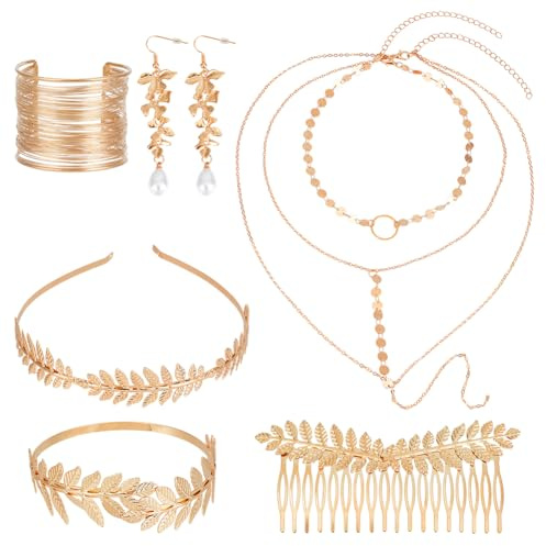 PH PandaHall Lorbeerkranz Stirnband Kopfschmuck Gold Set Griechische Göttin Schmuckset Baumelnde Ohrringe Armreif Haarkämme Haarband Und Halsketten Für Damen