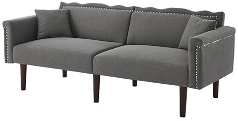Solisburne Schlafsofa, 176 cm Couch mit Schlaffunktion, Klappsofa mit Holzfüße und verstellbare Rückenlehne Bettcouch mit 2 Kissen fürs Wohnzimmer, Schlafzimmer, Heimkino, 176×72×72, Leinen, Grau