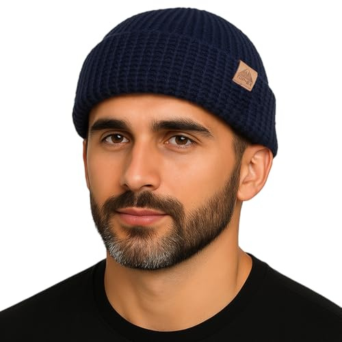 PolarWool L/XL/XXL merino ull våffelstickad troyer mössa klocka mössa dubbla lager 2 stilar varm vinter stickad mössa män kvinnor, Marinblå, M-L