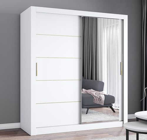 FHI-IBIZA Gold Modern Sliding Door Wardrobe with Full-Length Mirror – Bedroom Closet Storage Cabinet – Available in 120cm, 150cm, 180cm, 203cm & 250cm – White, Black, Grey & Oak (White, 180cm)