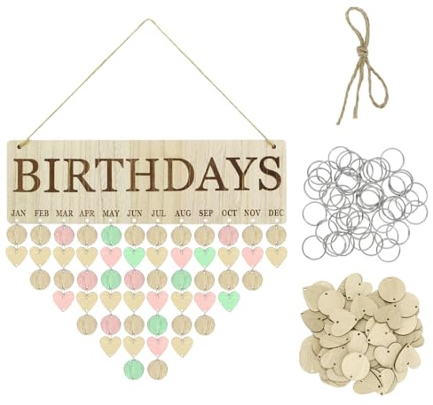 NUOBESTY Family Birthday Calendar, Wooden DIY Hanging Wall Plaque Reminder with 50 Tags for Birthdays, Anniversaries & Special Days Tracking