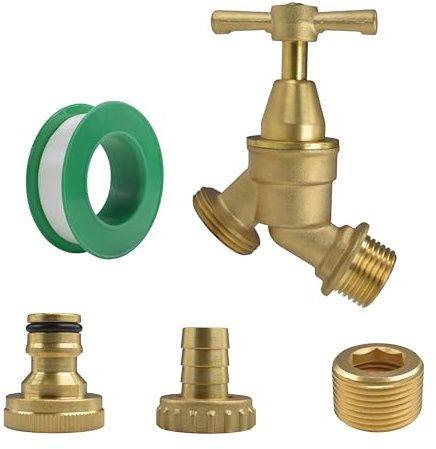 Garden Outdoor Traditional Brass Tap Kit with PTFE Tape,Barb/Click Hose Connectors,Threaded Brass Bush to Allow to Connect to 1/2 Or 3/4 Inlet Thread