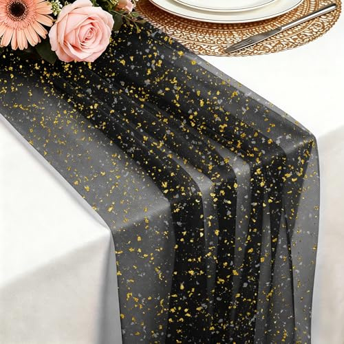 Foatcox Chemin de Table Noir et Or, 75 x 300 CM Léger et Fluide Tulle Feuille d’Or Chemin de Table, pour Mariages Bohèmes, Anniversaires, Noël, Le Nouvel an et la Décoration de Table et Arches