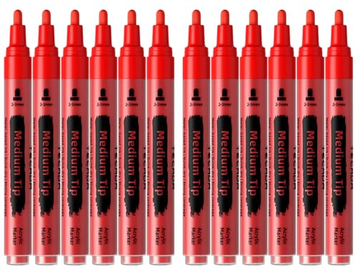 TECADA 12 Red Paint Pens - Permanent Acrylic Paint Markers, Waterproof Quick-drying Water-based Marker Pen for Rock, Fabric, Wood, Tire, Plastic, Metal, Glass, Ceramic and More DIY Craft, Medium Tip