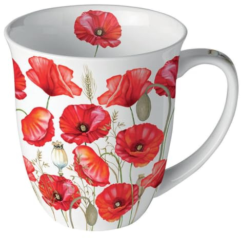 Ambiente Tasse 10cm Porzellan mit rotem Mohn Blumen Motiv - 0,4L Keramiktasse Porzellangeschirr - Kaffeetasse Teetasse Kakaotasse - Frühlinggeschirr Tassen & Becher - Porzellantasse Weiß Rot