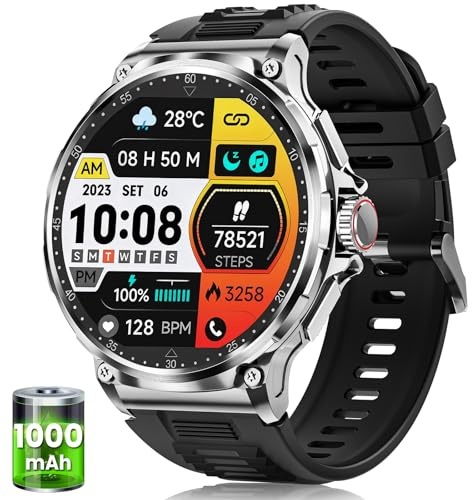 Smartwatch Herren Militär mit 1000 mAh Akku, 1.92 AMOLED Touchscreen Fitnessuhr mit Telefonfunktion, 5ATM Wasserdicht, 120+ Sportmodi Sportuhr, Herzfrequenz SpO2 Schlafmonitor, iOS Android, Silber