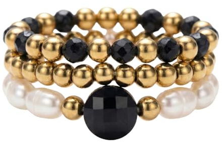 3er Set Perlenringe Damen Perlen Schwarzer Naturstein Elastische Stapelringe Gold Schwarz Boho Schmuckset Frauen Flexibel Passend Elegante Geschenkidee Filigrane Ringe Stacking Ringe