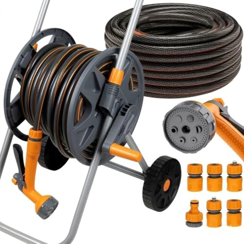 NEO TOOLS Mobiles Gartenbewässerungssystem Komplettset mit Schlauchwagen | 30 m Gartenschlauch 1/2 Zoll, 6-Funktionen-Gartenbrause, Für Rasen und Garten, PVC, UV-Beständig