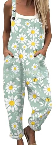Ladies Cotton Dungarees UK Workwear Dungarees for Women UK Summer Plus Size Floral Printed Cotton Jumpsuits Loose Fit Adjustable Straps Bib Jumpsuit Wide Legged Baggy Work Jump Suits