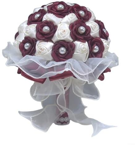 Crabop Elegante bouquet da sposa in seta, fiori artificiali realistici per sposa e damigelle, decorazione leggera per feste di nozze, vino bianco, rosso, rosa, 23 x 18 cm (rosso vino)