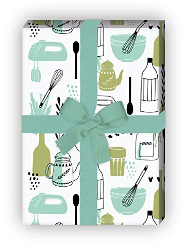 Kartenkaufrausch Grünes Retro Küchen Geschenkpapier Set mit Vintage Koch & Back Utensilien als edle Geschenk Verpackung um schön zu schenken, 32 x 48cm, für selbst-gemachtes