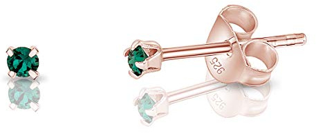 Pendientes de Botón Plata Ley 925 Chapados Oro Rosa 18K on Cristales Brillantes Esmeralda 2 mm - Pendientes Pequeños Oro para Mujer - Punto de Luz Hipoalergénicos