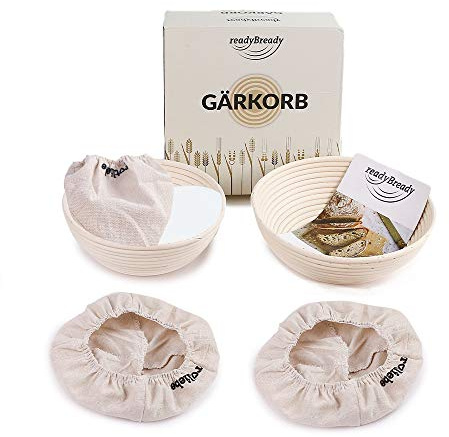 readyBready Gärkörbchen (rund, 22cm & 25cm) - hochwertiges Gärkorb Set zum Brotbacken inkl. Leinentücher, Teigschaber, Brotbeutel & Rezepte