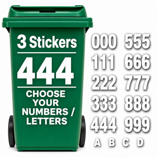 3 x Bin Numbers for Wheelie Bins, 0-9, Dustbin Stickers, Easy Application 17.5cm Stick On Number Stickers - Weatherproof Self Adhesive Vinyl (4)