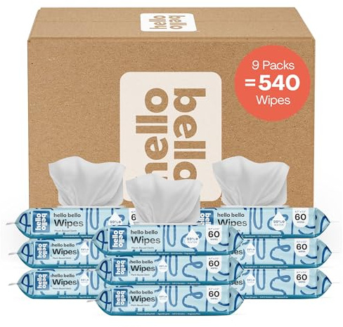 Hello Bello Babywipes I Plant Based Wipes für empfindliche Haut, hergestellt aus 99 % Wasser und Aloe für Babys und Kinder, Unscented I 540 Count (3 Packungen mit 180)