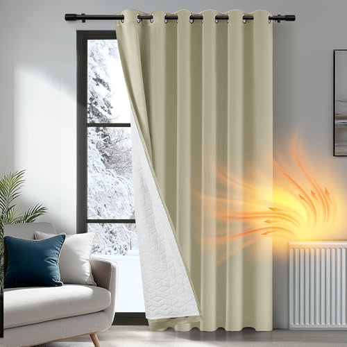 Deconovo Thermovorhang Kälteschutz, Gardinen mit Ösen gegen Kälte, Wärmeisolierend Vorhang Verdunkelung Wohnzimmer, 280x200cm(HöhexBreite), Beige, 1 Stück