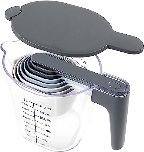 Recogwood Stackable 10-Piece Measuring Cups and Spoons Set with Lids | BPA free & dishwasher safe. Space-saving utensils for home baking. Dust-proof nested cups for dry or liquid food.