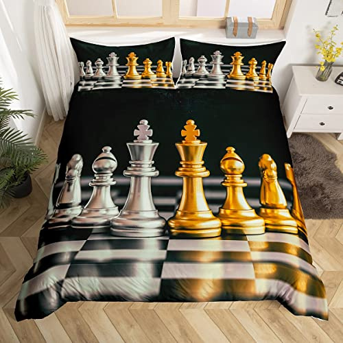 Homemissing Golden and Silver International Chess Bedding Set for Girls Boys Board Game Comforter Cover King and Knight Duvet Cover Geometric Checkerboard Bedspread Cover Single Size Decor 2Pcs
